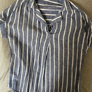 beachlunchlounge Navy and White Striped Button Down Shirt Cotton/ Linen blend